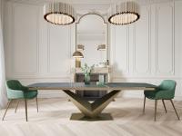 Wing - Table de salle à manger extensible avec plateau en céramique mate sahara noir en forme de tonneau et pied en métal bronze