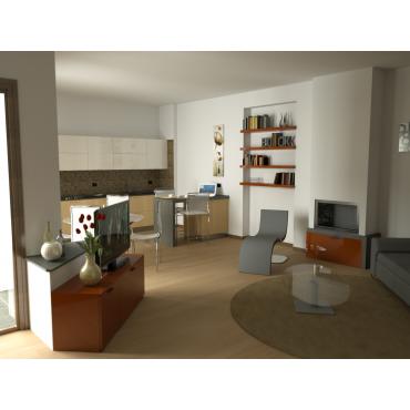 Progetto per open space di 80 mq - render zona soggiorno