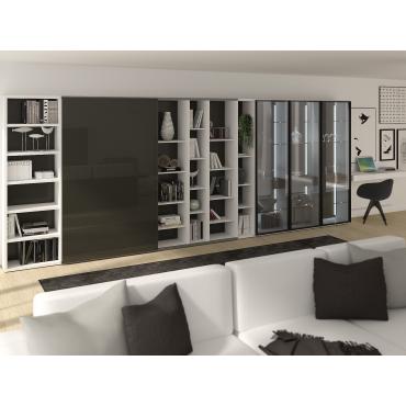 Idea d'arredo per soggiorno di 30 mq con grande libreria - render