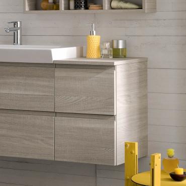 Mobile bagno Atlantic con basi laterali a 1 cassetto cm 35 e cm 70 in legno impiallacciato rovere rusticato cemento 811 (finitura non disponibile)