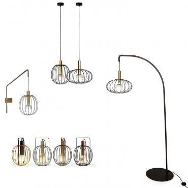 Lampada di design con gabbia in metallo Lira disponibile a sospensione in due dimensioni, da tavolo, applique e piantana.