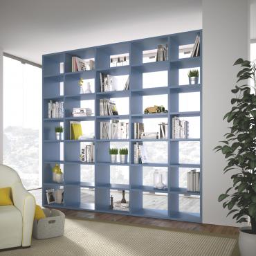 Libreria componibile bifacciale Almond p.45,6 cm 273 (moduli 45+60+60+60+45) h.259,6 in finitura laccato opaco Oceano