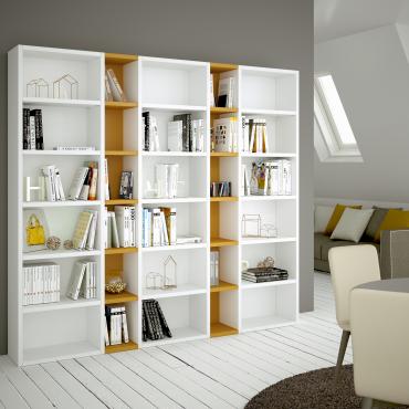 Libreria componibile laccata Almond p.32,8 di HomePlaneur: cm 243 (moduli 60+30+60+30+60) h.232