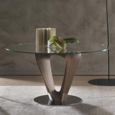 Tavolo di design per soggiorno Loris con piano rotondo in vetro