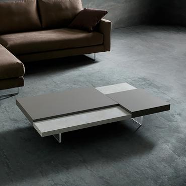 Tavolino basso in laminato effetto pietra bicolore Viktor, con piani in laccato bianco e HPL porfido nero