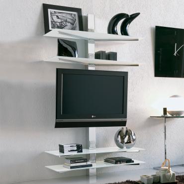 Porta TV orientabile Kino con piani in cristallo a parete.