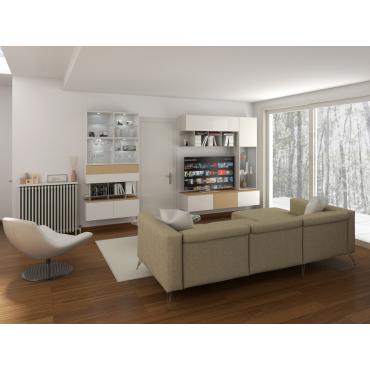 Progetto per soggiorno bianco e legno chiaro - render