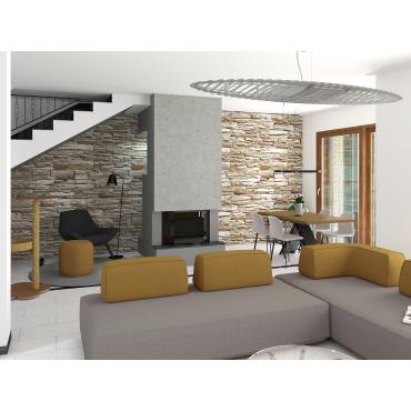 Progetto per living di 50 mq con cucina a vista e camino - render soggiorno