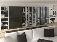 Idea d'arredo per soggiorno di 30 mq con grande libreria - render
