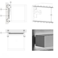 Retroilluminazione LED: 1) pannello in nobilitato piombo sp.1,4 cm inserito tra base e parete 2) fissaggio del pannello e della base al pannello 3) posizionamento strip LED