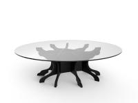 Tavolino di design in vetro e legno Birch, con piano circolare in cristallo extrachiaro e basamento verniciato nero h.40 cm