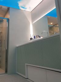 Bagno di servizio di lusso con doccia e soffitto dresswall effetto cielo.