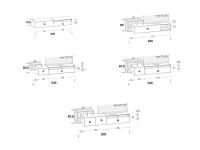 Mobile tv basso in legno California - Schemi e dimensioni dei modelli da 240 e 270 cm per tv in appoggio o sospese