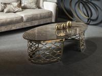 Tavolino con base in metallo oro pallido Isidoro, piano in marmo mistic brown