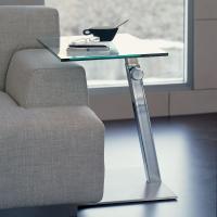 Tavolino Lap con gamba in acciaio e piano in vetro trasparente rettangolare