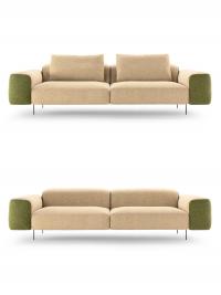 Vista frontale del divano lineare Biarritz con il bicolore sul fronte dei due braccioli spessi 33 cm ciascuno