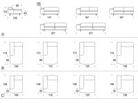 Schemi dimensionali del divano modulare di design Biarritz: A) elementi terminali B) chaise longue C) penisole