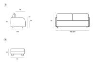 Schema dimensionale del divano letto Network: A) divano letto B) pouf