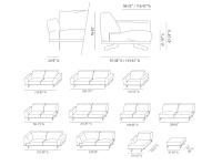 Modularità disponibile per il divano Raymond: lineari, terminali, centrali, angolari, poltrona e pouf