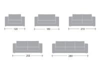 Schemi e dimensioni del divano Sparks nelle versioni lineare. Le larghezze si intendono con bracciolo Large, in caso di bracciolo Lineare vanno sottratti 20 cm.