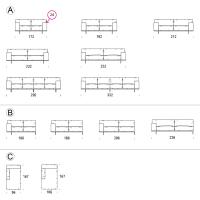 Schemi divano Aliseo: A) divani lineari B) elementi terminali C) chaise longue
