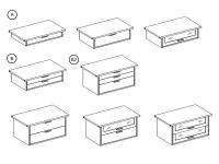 Modelli cassettiere: A) cassetto singolo, con frontale in vetro fumè B) Doppio cassetto con frontali lisci o in vetro fumè B2) Con 3 cassetti e frontali lisci, n.2 cassetti superiori piccoli e n.1 cassetto standard