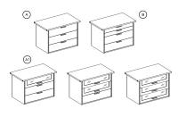 Modelli cassettiere: A) con n.3 cassetti e frontali lisci A1) con n.3 cassetti e frontali in vetro fumè B) Con 3 cassetti e frontali lisci, n.2 cassetti superiori piccoli e n.2 cassetti standard