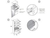 1) Vetrina con apertura a 180° e cassetto interno - 2) Altezze dei vani interni - 3) Cerniere con regolazione in altezza + / - 1 mm e fino a + 2 mm in profondità - 4) struttura e frontali del cassetto interno della vetrina