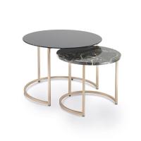 Coppia di tavolini rotondi Coen con struttura in metallo verniciato e piano in vetro verniciato e marmo lucido