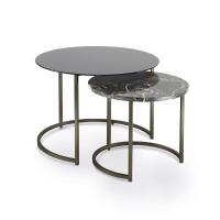 Coppia di tavolini rotondi Coen con struttura in metallo verniciato e piano in vetro verniciato e marmo lucido