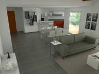 Progetto 3D per arredare un open space con cucina a elle