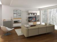 Progetto per soggiorno bianco e legno chiaro - render
