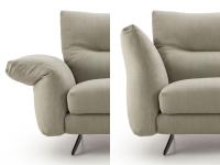 Particolare del bracciolo del divano Carnaby in posizione dritta e reclinata alla massima estensione (+ 10 cm)