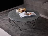 Tavolino rotondo Arbor da 97 cm di diametro con piano in ceramica ardesia grigia e base aperta in metallo verniciato piombo