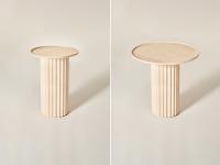 Tavolini a colonna Shinden in frassino naturale nelle due versioni con basamento alto da 55 cm: a sinistra con piano da 40 cm e a destra con piano da 55