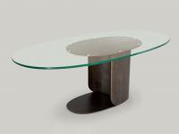 Bisbee industrial design table in glass and metal, with elliptic top and bent metal sheet base.