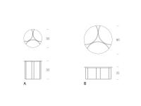 Schema dimensionale del tavolino da salotto in metallo e vetro Jazz: A) lato divano / B) fronte divano