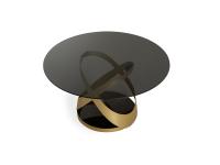 Tavolo rotondo Capri con piano in vetro fumè, struttura in metallo laccato oro e base in marmo nero Marquinia