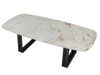 Altra variante del tavolo con piano in gres effetto marmo Cube, anche sagomato a botte oltre che rettangolare