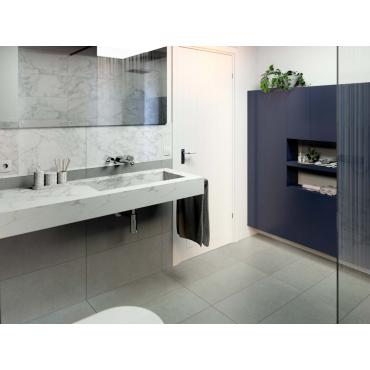 Bathroom design project with big shelf and wall-mounted columns - render image