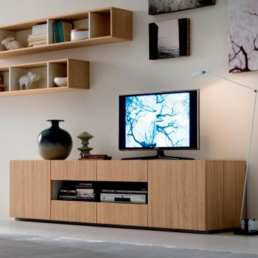 Start TV stand with central open compartment, doors and drawers