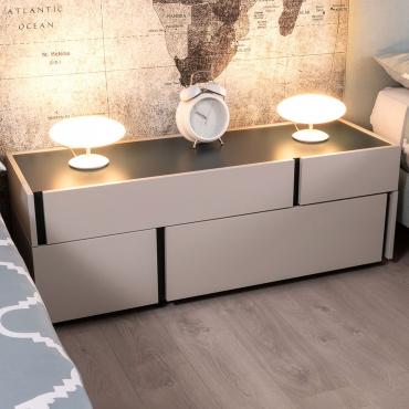 Cleveland wall mounted storage units for the bedroom, matched to a bedside table from the same collection 