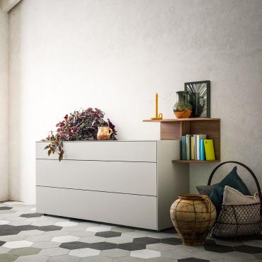 Avana sleek no-handles dresser matched with the open element from the same collection