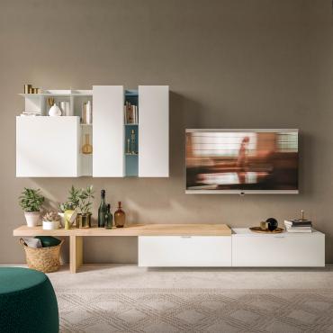 Plan 18 wall unit with wooden bench wall and floor standing units