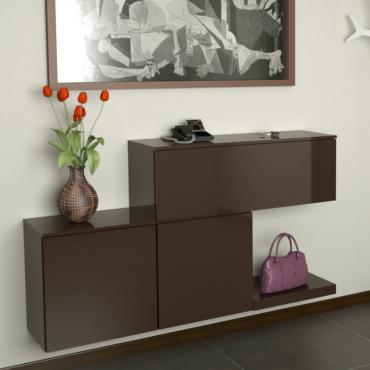 Plan is a hanging sideboard for the entrance hall and is composed by a 96 cm element with drop down door and by a 96 cm element with 2 hinged doors