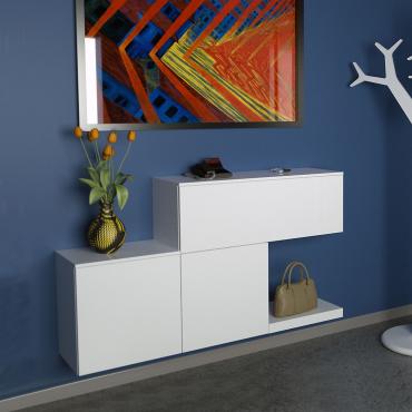 Plan hallway sideboard characterised by a wall unit with drop down door and a hinged unit with 2 doors
