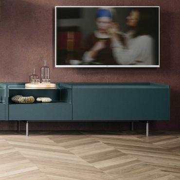 Modern TV stand with metal feet Kaen, height 51 cm. Available with hinged doors, drop-down doors, deep drawers and open compartments