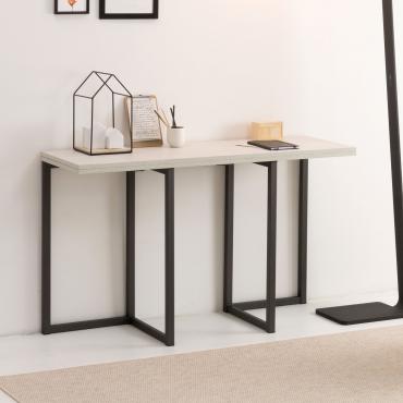 Fold folding and extending console table with textured top and modern geometric painted metal legs