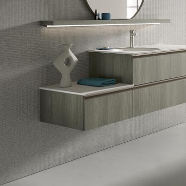 Suspended base unit for Atlantic bathroom p.62 with additional top. Wood-effect veneer finish - 282 Pepper