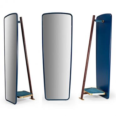 Valet clothes hanger with a mirror Leo, by Borzalino, with a wooden structure, brass details and upholstered sections in fabric